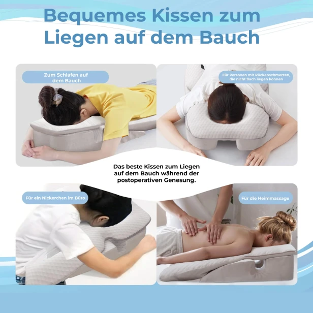 Infografik zur Bewerbung des Komfortkissens zum Liegen auf dem Bauch und seiner vielfältigen Einsatzmöglichkeiten.