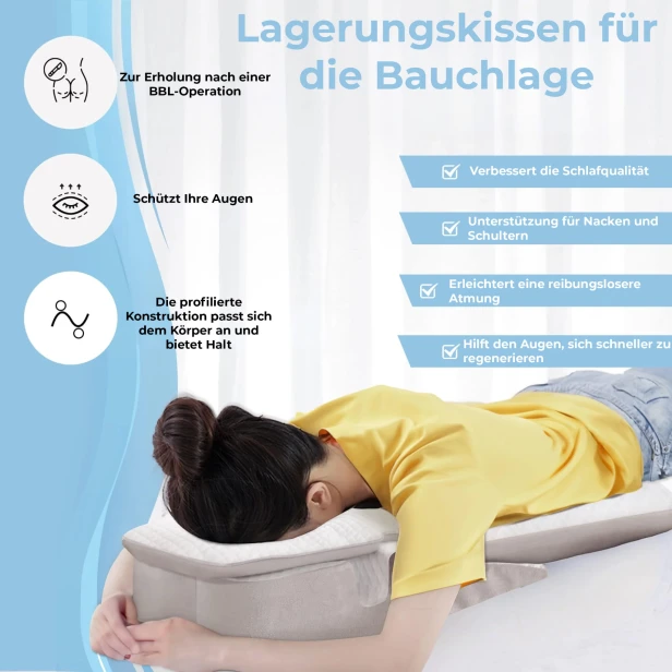 Infografik, die die Vorteile eines ergonomischen Kissens für das Liegen auf dem Bauch veranschaulicht.