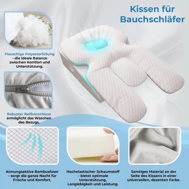 Materialien und Qualität des Bauchkissens – Polyesterfüllung, Schaumstoff, atmungsaktiver Bambus