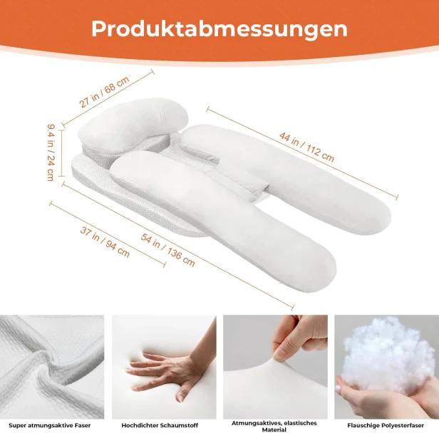 Die Grafik zeigt detaillierte Abmessungen und Materialspezifikationen des beworbenen orthopädischen/Schwangerschaftskissens.