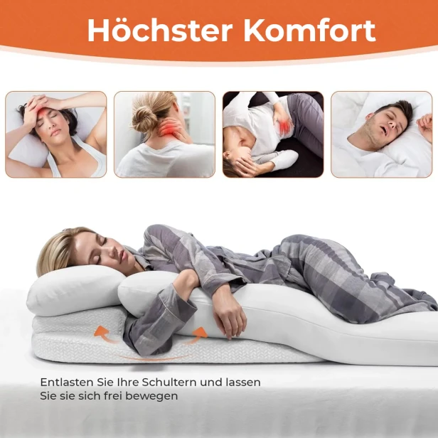 Eine Frau schläft auf der Seite auf einem Kissen, das ihren Kopf, ihre Wirbelsäule und ihre Hüften stützt.