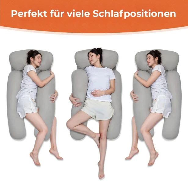 Die Grafik mit dem Titel „Perfekt für verschiedene Schlafpositionen“ veranschaulicht die Vielseitigkeit des beworbenen Kissens.