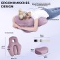 Details zu diesem ergonomischen Kissen für die Bauchlage. Das Bild zeigt ein Model mit dem Kissen, die wichtigsten Merkmale und die genauen Produktabmessungen.