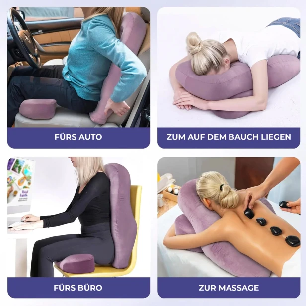 Eine Collage aus vier Fotos, die die vielfältigen, multifunktionalen Einsatzmöglichkeiten eines ergonomischen Kissens veranschaulichen.