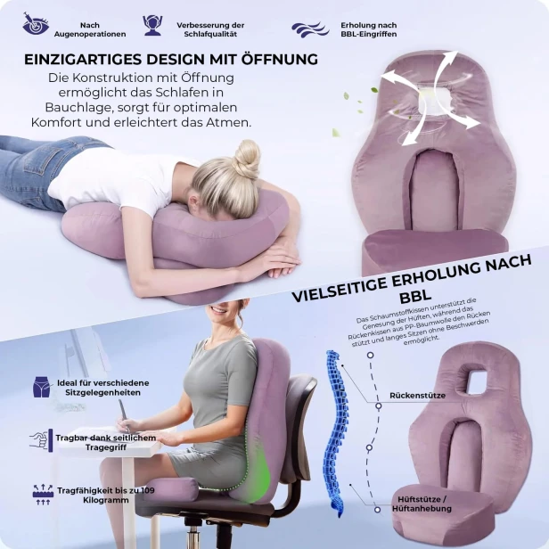 Detaillierte Grafiken veranschaulichen die einzigartigen Merkmale des ergonomischen Kissens und konzentrieren sich dabei auf Atemkomfort, Anwendung nach Operationen und Genesung.