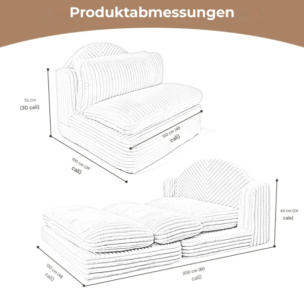 Abmessungen des modularen Sessels und der Chaiselongue – Beige Lounge-Konfiguration
