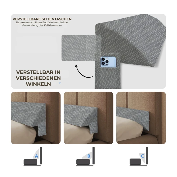Multifunktionales, graues XXL-Keilkissen mit Grafik, die die Verstellmöglichkeiten der Taschen zeigt.