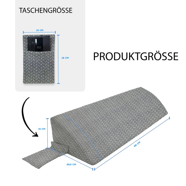 Grafische Darstellung der Abmessungen des länglichen Keilkissens XXL in Grau und seiner Seitentasche.