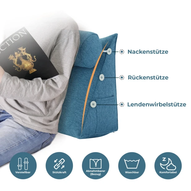 Modulare Kopfstütze mit Rolle – Blaues Leinen, verschiedene Stützarten.