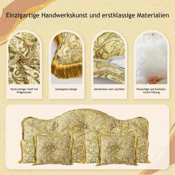 Set aus fünf dekorativen Vintage-Kopfteilen, Nahaufnahme von Details und verwendeten Materialien.