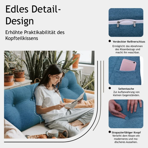 Dreieckiges Lesekissen – Blaues Leinen, Detailaufnahme des Produkts.