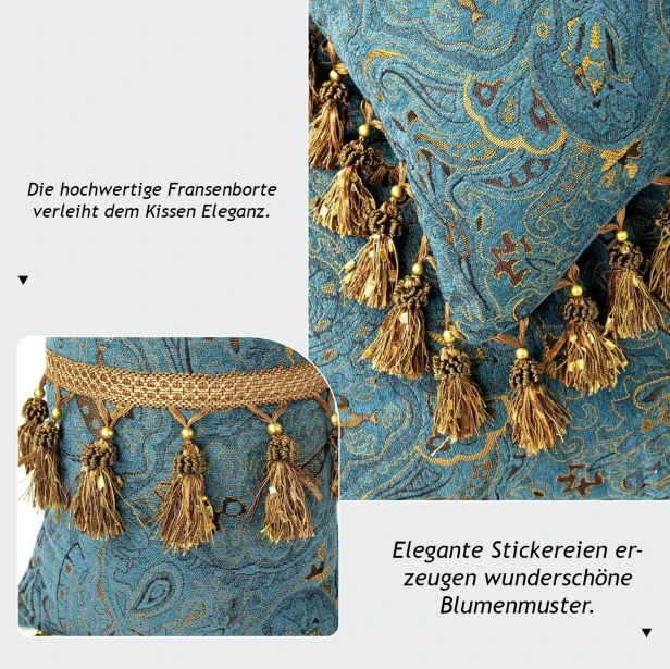 Kissen-Set mit königsblauem Blumenmuster. Liebevolle Verarbeitung.