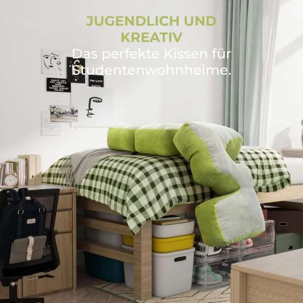 Schlangenkopfteil, grün und grau, in einem Studentenwohnheimbett.