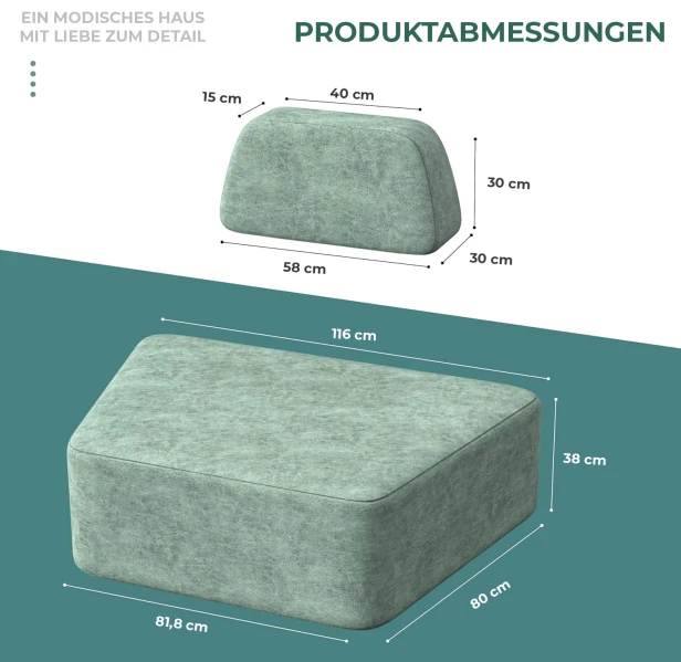 Halbkreisförmiges modulares Ecksofa, Produktabmessungen.
