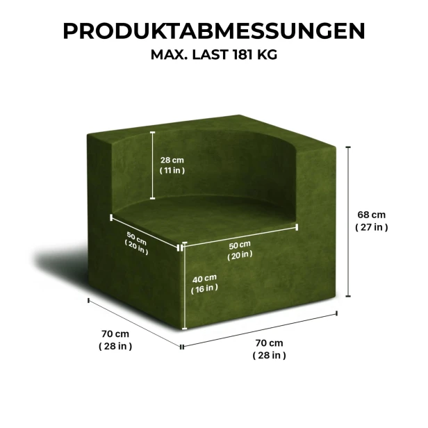 Velvet Embrace Sessel, Produktabmessungen.