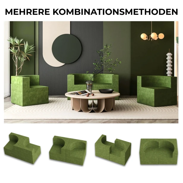 „MEHRERE KOMBINATIONSMETHODEN“ präsentiert die Flexibilität modularer „velvet hug“-Sessel bei der Gestaltung moderner Innenräume.