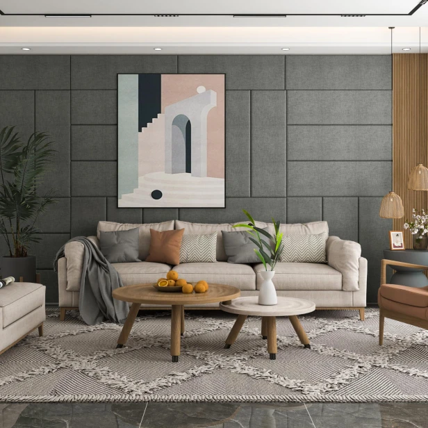 Multifunktionale graue Matratzenauflage. Anbringung im Wohnzimmer hinter dem Sofa.