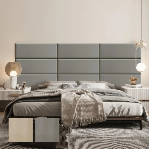 Multifunktionales graues Bettschutzpaneel. Schlafzimmereinrichtung hinter dem Bett.
