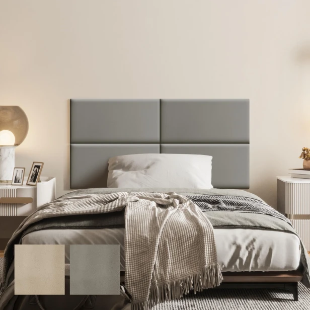 Multifunktionales graues Bettschutzpaneel. Schlafzimmereinrichtung hinter dem Bett.