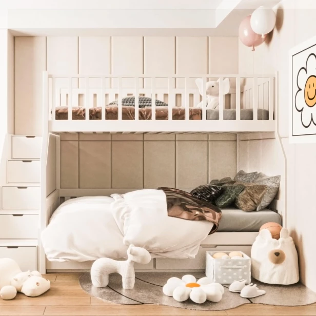 Beigefarbenes, multifunktionales Bettschutzpaneel. Anbringung im Kinderzimmer hinter dem Bett.
