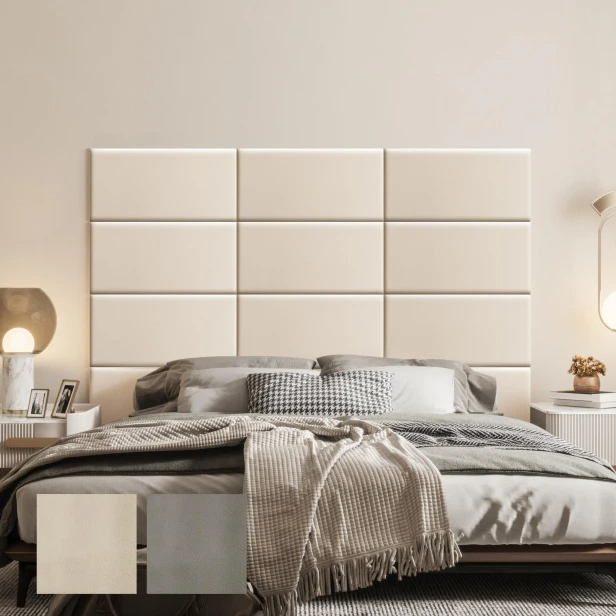Beigefarbenes, multifunktionales Bettschutzpaneel. Schlafzimmereinrichtung hinter dem Bett.
