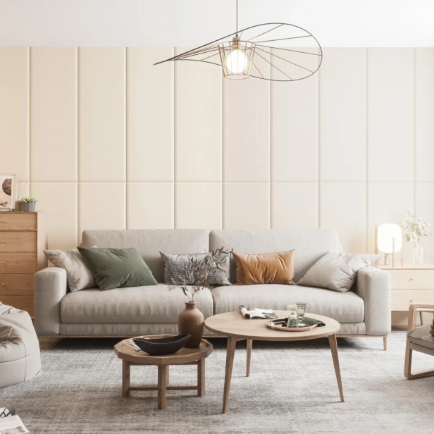 Beigefarbenes, multifunktionales Matratzenschoner-Paneel. Anbringung im Wohnzimmer hinter dem Sofa.