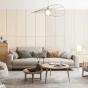 Beigefarbenes, multifunktionales Matratzenschoner-Paneel. Anbringung im Wohnzimmer hinter dem Sofa.