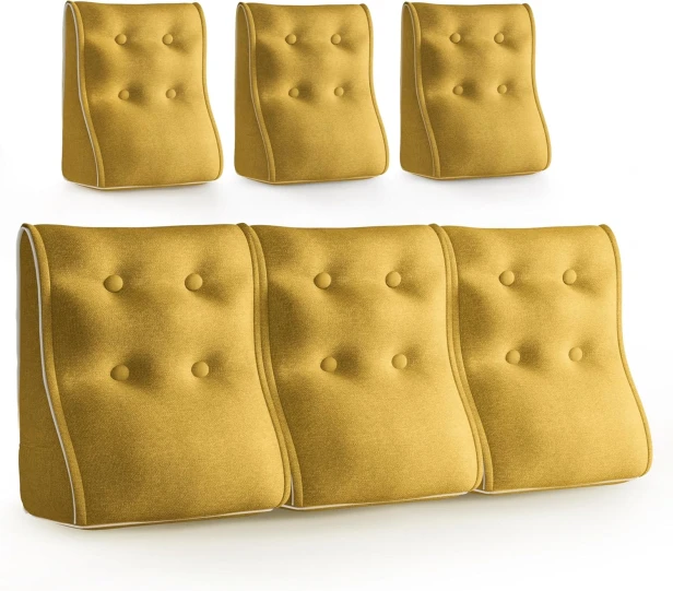 Set mit 3 modularen Lendenkissen – Gelbes Leinen, gesteppt und ergonomisch.