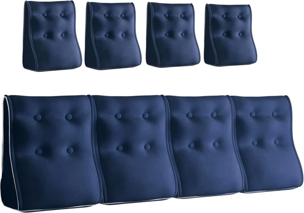 Set aus vier gesteppten, marineblauen Samt-Lendenkissen mit weißer Paspelierung.