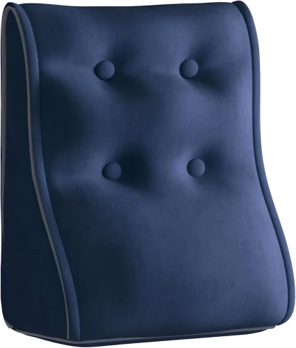 Marineblaues Samt-Lendenkissen mit vier gesteppten Knöpfen für ergonomische Rückenunterstützung.