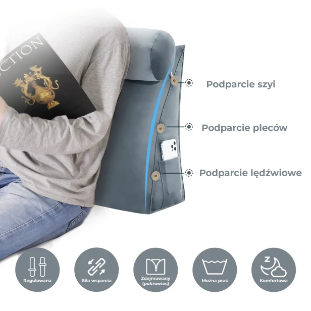 Modulare Kopfstütze mit Rolle – Grauer Velours, verschiedene Stützarten.