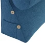 Modulare Kopfstütze mit Rolle – blaues Leinen, Nahaufnahme von Tasche und Knöpfen.