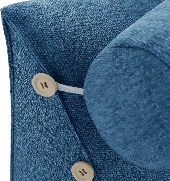 Modulare Kopfstütze mit Rolle – Blaues Leinen, Nahaufnahme der Rollenbefestigung.