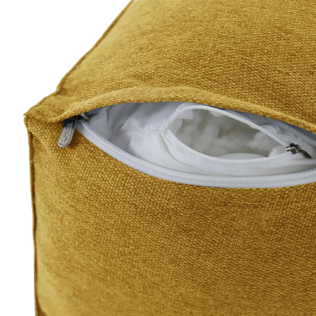Modulare Kopfstütze mit Rolle – Gelbes Leinen, Nahaufnahme des Reißverschlusses.
